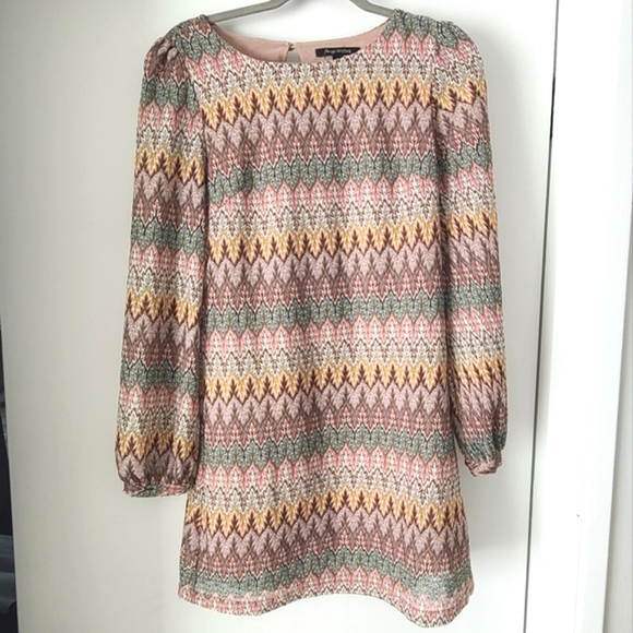 Foreign Exchange Chevron Patterned Pink and Brown Lace Boho Dress - Picture 1 of 5